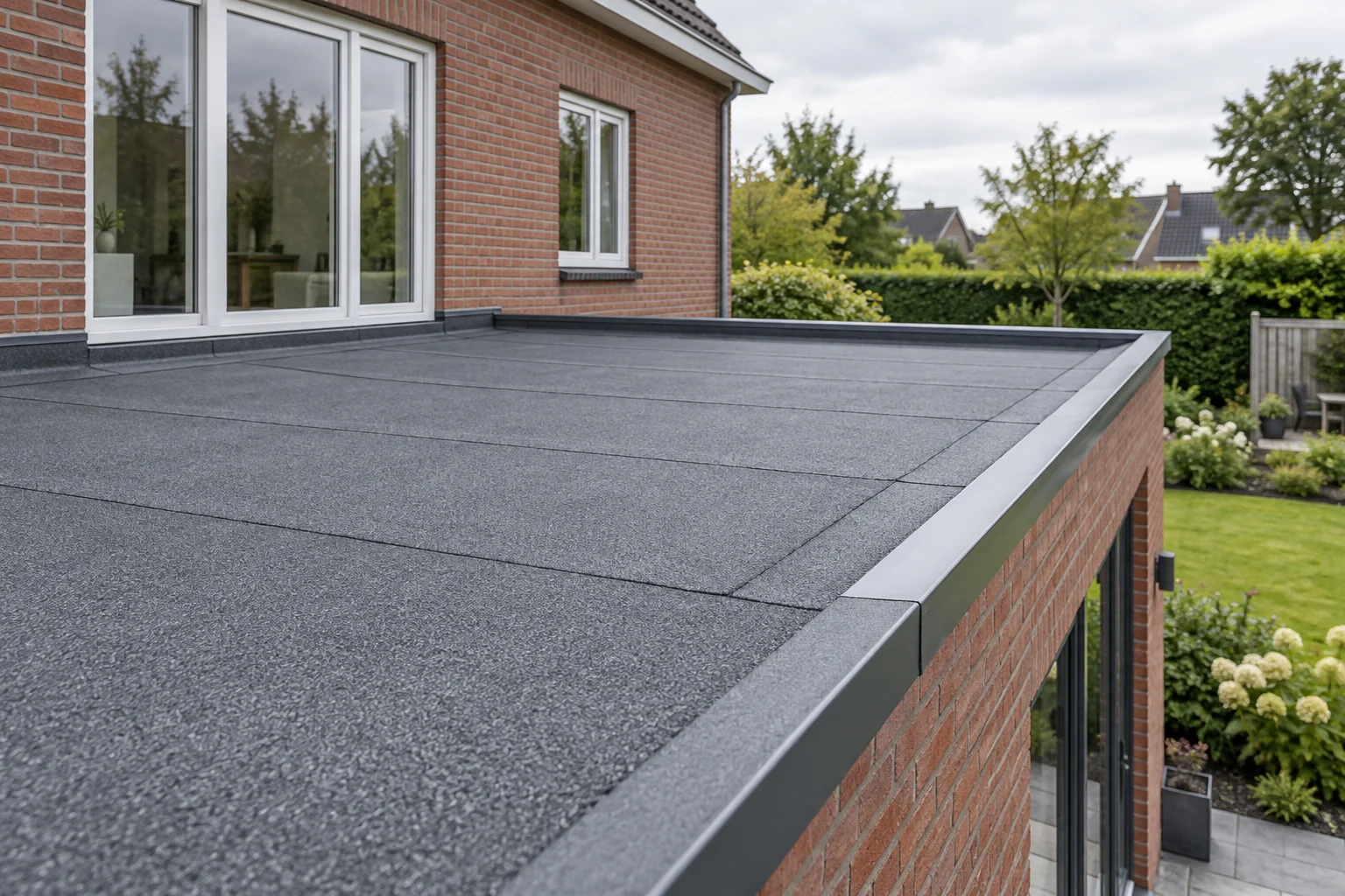 Plat dak met bitumen banen en metalen dakrand; AI-illustratie