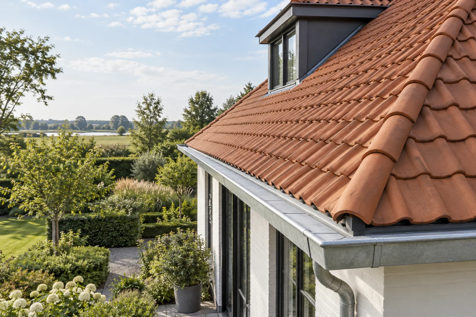 Schuin pannendak van een Nederlandse woning; AI-illustratie