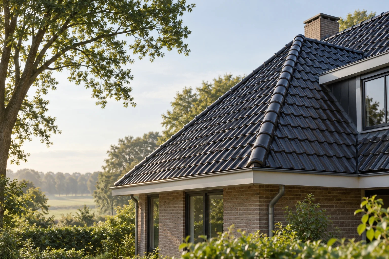 Schuin pannendak van een Nederlandse woning; AI-illustratie