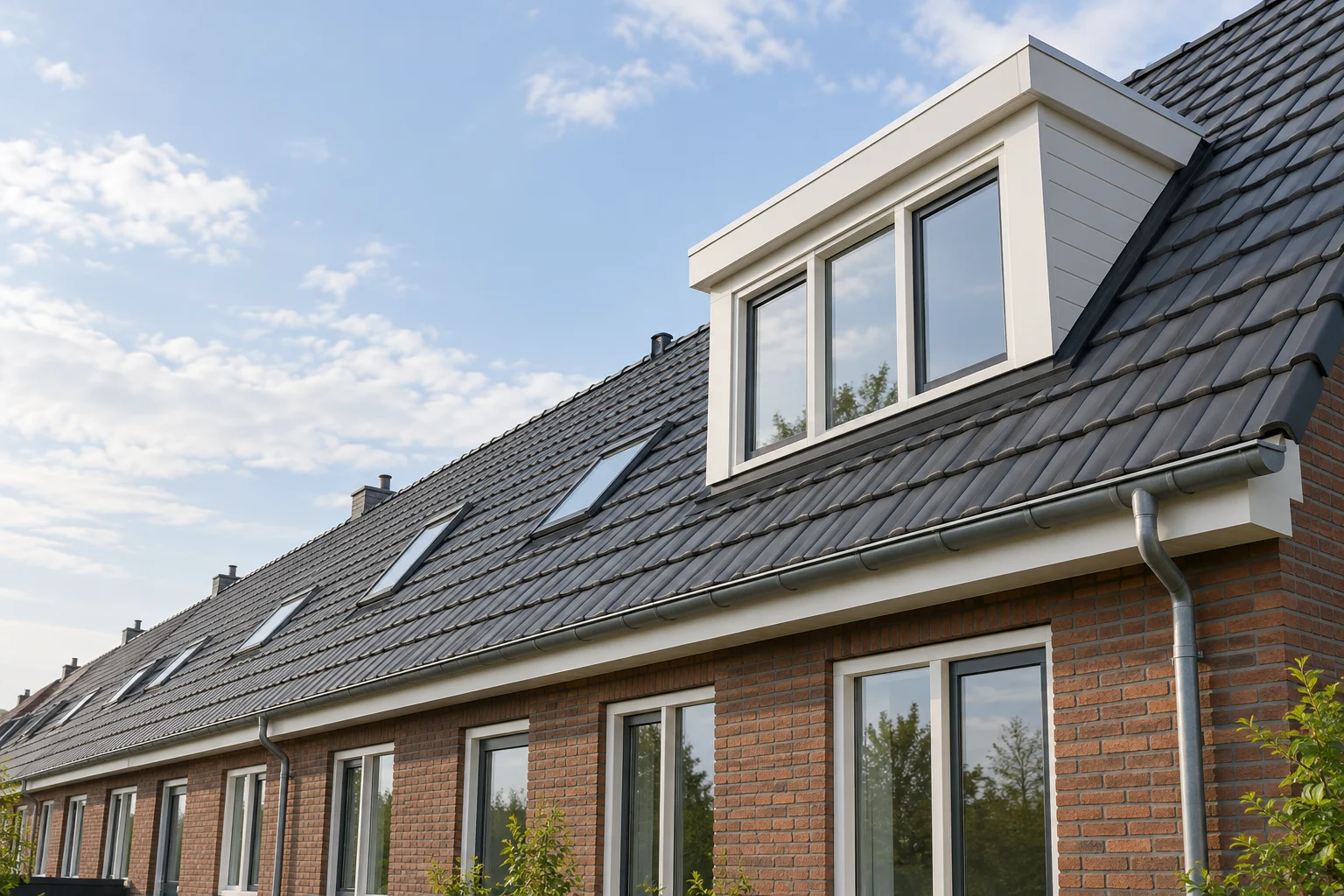 Schuin pannendak van een Nederlandse woning; AI-illustratie