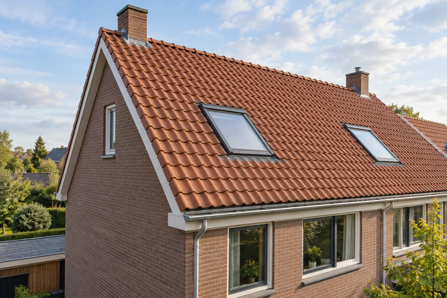 Schuin pannendak van een Nederlandse woning; AI-illustratie