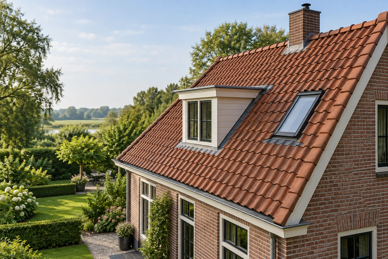 Schuin pannendak van een Nederlandse woning; AI-illustratie