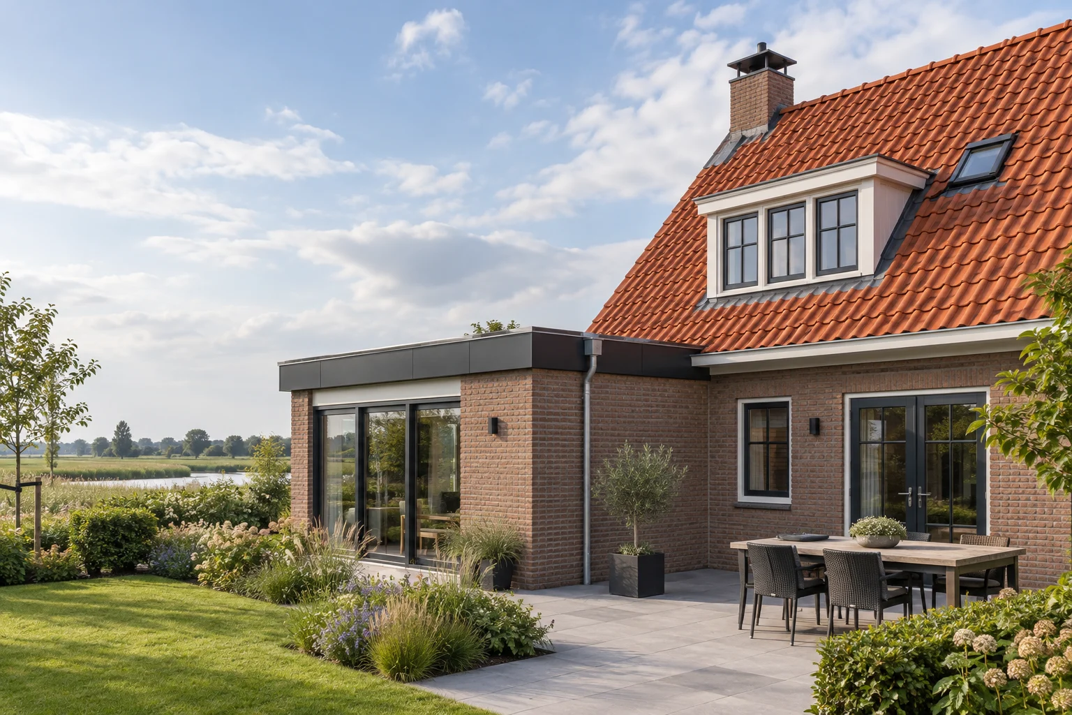 Schuin pannendak van een Nederlandse woning; AI-illustratie