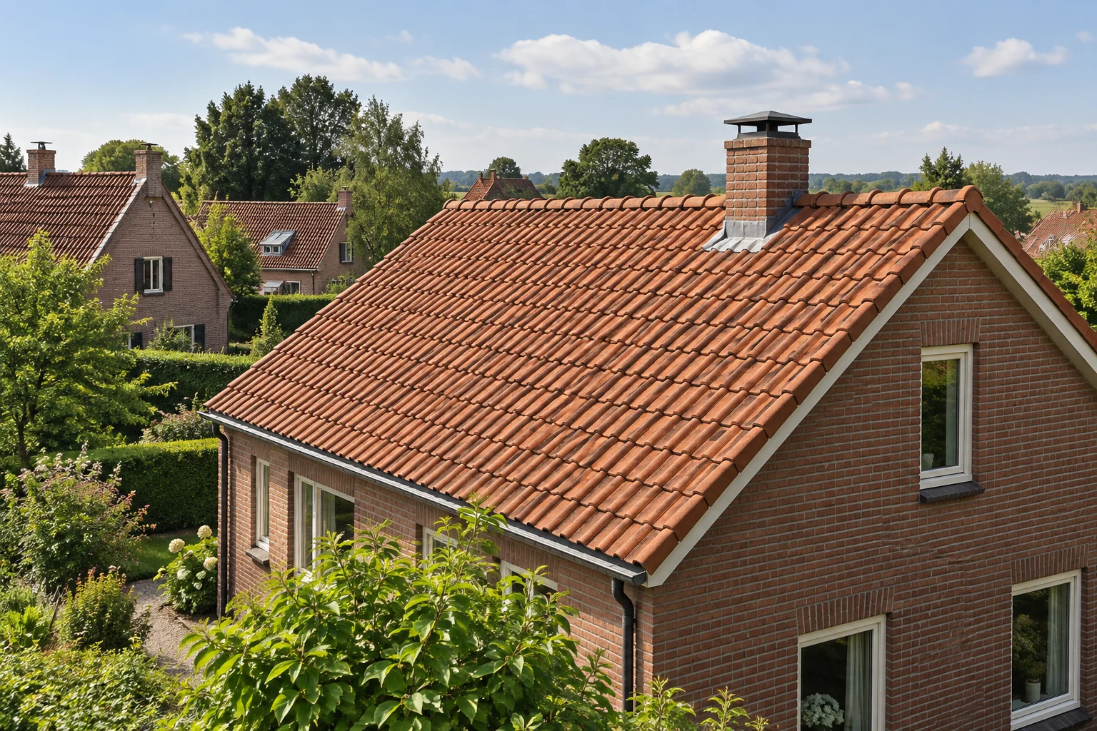 Rood pannendak van een woning in een groene dorpsomgeving; AI-illustratie, geen lokale projectfoto