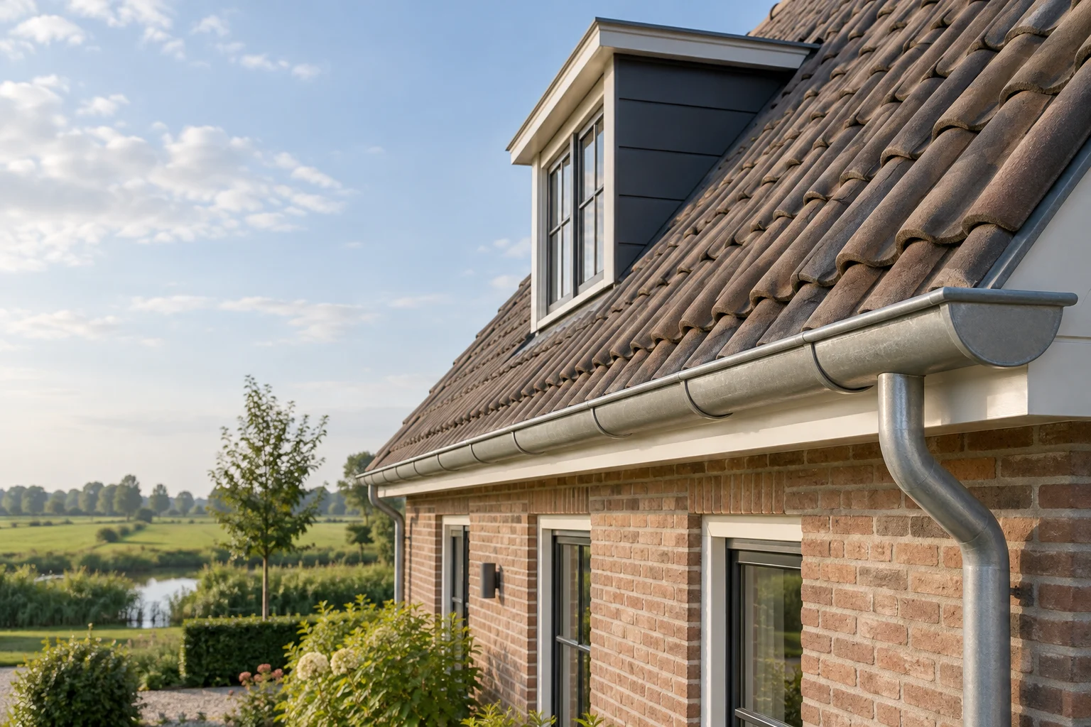 Schuin pannendak van een Nederlandse woning; AI-illustratie