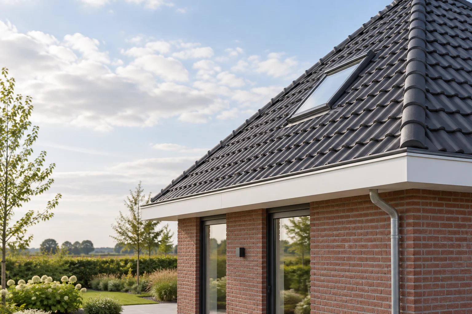 Schuin pannendak van een Nederlandse woning; AI-illustratie