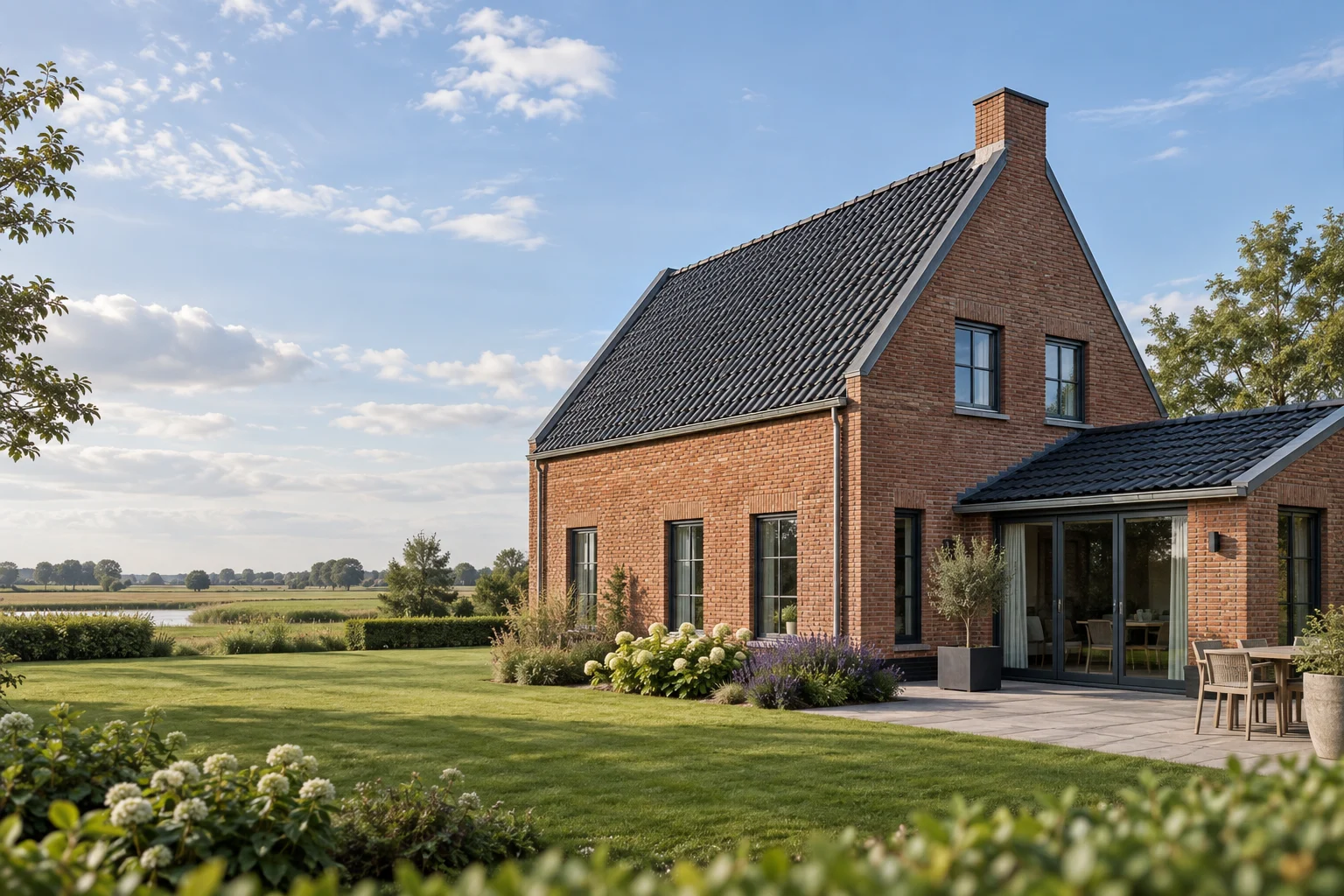 Schuin pannendak van een Nederlandse woning; AI-illustratie