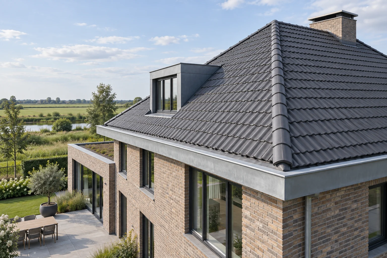 Schuin pannendak van een Nederlandse woning; AI-illustratie